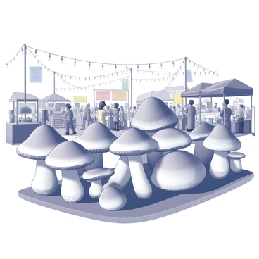 A collection of mushroom sculptures arranged in a dynamic display at an outdoor festival. The sculptures vary in size and shape, depicting different types of mushrooms, each intricately carved with detailed textures. Surrounding the sculptures, there are stalls with handmade crafts and local art, all set against a bustling crowd of festival-goers. The atmosphere is lively, with people admiring the artwork and taking photographs. Several colorful banners and strings of lights are visible in the background, contributing to the festive ambiance.