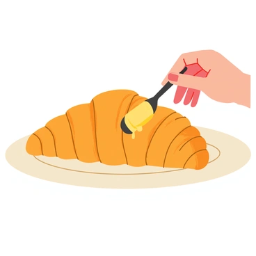 A hand with neatly manicured nails is spreading golden butter onto a flaky, warm croissant. The croissant has a rich, golden-brown crust with visible layers, showcasing its buttery texture. The butter is melting slightly as it is applied, creating shiny droplets that glisten on the surface. The background features a light-colored plate that holds the croissant, and a soft, warm light illuminates the scene, enhancing the inviting nature of the freshly baked pastry.