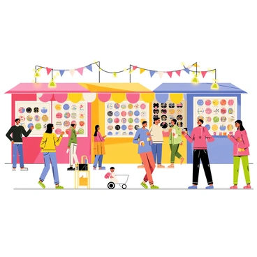 A festival ground filled with colorful stalls, each showcasing a variety of themed pokals. The stalls are decorated with vibrant banners and fairy lights, drawing in visitors. Each pokal displayed has unique designs, including shiny finishes and intricate patterns. People of different ages are walking around, some stopping to admire the pokals, while others are chatting and enjoying snacks from food vendors nearby. The atmosphere is lively, with children running around and music playing in the background.