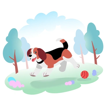 A beagle with a smooth coat and floppy ears is running energetically across a grassy park. The dog is in mid-stride, with its tail wagging and ears flapping in the wind. Ahead of the beagle is a bright red ball bouncing on the ground. Sunlight is streaming down from a clear blue sky, creating a warm atmosphere. Surrounding the beagle are patches of colorful flowers and several tall trees casting gentle shadows.