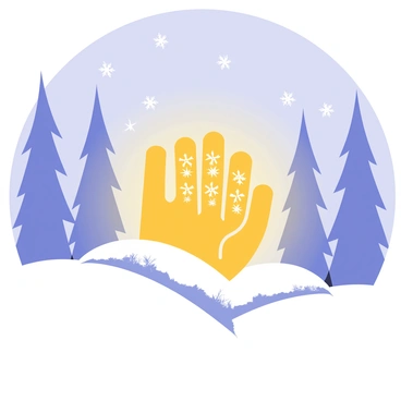 A mystical hand of glory with intricate designs, glowing softly in a frozen, snowy landscape. The hand is positioned in the foreground, with radiant warmth emanating from its palm. Surrounding the hand, the snow is lightly illuminated by the glow, creating a contrast against the white terrain. In the background, tall, ice-covered trees stretch toward a clear, blue sky. Small snowflakes drift gently in the air, adding to the enchanting atmosphere of the scene.