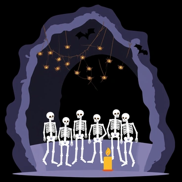 A dark cave filled with various spooky critters. There are several black bats hanging upside down from the rocky ceiling, their wings slightly spread. A cluster of small, brown spiders is scattered on a web in one corner, with tiny glimmers reflecting off their eyes. In the center of the cave, a group of white skeletons, depicting different poses, are arranged around a small, flickering candle. Shadows dance on the cave walls, enhancing the eerie atmosphere of this collection of spooky creatures.