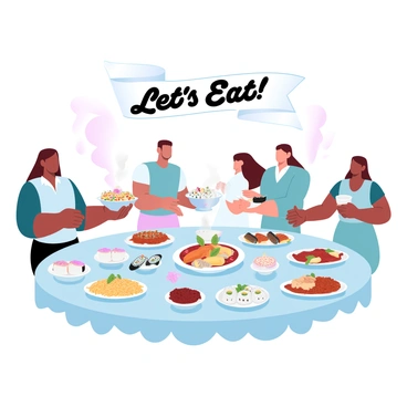 A diverse group of people is gathered around a large, colorful table filled with various dishes from different cuisines. One person is serving a vibrant pasta salad in a large bowl. Another individual is presenting a platter of sushi rolls, neatly arranged and garnished. A third person is holding a dish of spicy curry, steam rising from it. Each person is dressed in a mix of traditional and modern clothing, showcasing their cultural backgrounds. Above the table, a banner with the words "Let's Eat!" is hanging, adding to the festive atmosphere.