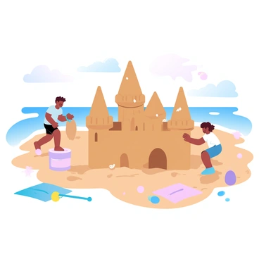 A group of children is building a large sandcastle on a sunny beach. One child is pouring sand into a mold while another is shaping the towers of the castle. A third child is decorating the sandcastle with small seashells and pebbles. Nearby, a colorful beach bucket and shovel are resting in the sand. The ocean waves are gently lapping at the shore in the background. Brightly colored beach towels are spread out nearby, creating a lively atmosphere.