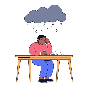 A person sitting at a wooden desk with a simple design. The desk is positioned against a plain wall. The individual has a worried expression and is holding their head in their hands. Above them hovers a dark stormy cloud, with jagged edges and raindrops falling from it. The cloud is gray, casting a shadow over the person. A few scattered papers lie on the desk, adding to the sense of chaos.