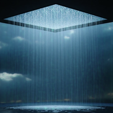 A glass ceiling with raindrops sliding down its surface. The raindrops vary in size, creating a pattern as they travel downward. The glass is slightly fogged, adding a subtle texture. The scene captures the intensity of a storm outside, with dark clouds and flashes of lightning visible through the glass. There are hints of water pooling at the edges of the ceiling, emphasizing the heavy rain and the atmosphere of the storm.
