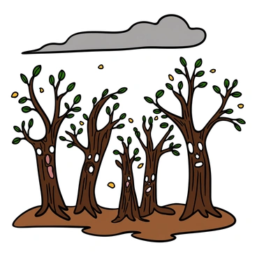 A scene depicting several twisted trees with gnarled branches and bark. Each tree has a distorted human face embedded in its trunk, with expressions of sorrow and despair. The faces have hollow eyes and open mouths, seemingly crying out. The bark is dark and rough, contrasting with the delicate leaves that flutter in the wind. The ground is covered in fallen leaves, creating a somber atmosphere. The sky above is overcast, adding a sense of gloom to the environment.