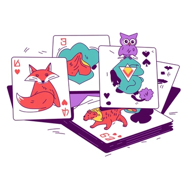 A set of playing cards laid out on a wooden table, each card featuring a different animal representing the suits of the deck. The heart card showcases a cute red fox with a heart pattern on its fur. The club card displays a playful teal elephant with club-shaped ears. The diamond card features a majestic orange tiger with diamond patterns on its coat. The spade card presents a wise purple owl perched atop a spade symbol. Each card has a vibrant border that complements its animal design, creating a lively and engaging composition.