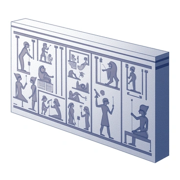 A wall covered with intricate hieroglyphs. The hieroglyphs depict various scenes of daily life, including figures engaged in farming, fishing, and crafts. There are also representations of gods, shown in different poses, with distinct headdresses and symbols associated with their divinity. Each scene is carefully arranged, creating a narrative flow across the surface of the wall. The overall composition features a mix of action-oriented figures and still representations, enhancing the storytelling element of the hieroglyphs.