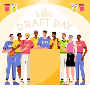 A group of young basketball players is standing together in a bright, colorful gymnasium, their faces displaying excitement and anticipation. Each player is wearing a different team jersey in vibrant colors, showcasing their unique styles. Some are bouncing basketballs or adjusting their headbands while others are chatting animatedly. The background features banners hanging from the ceiling with the NBA logo, and there is a large wooden stage at the front with a spotlight shining down. In the foreground, two players are glancing toward the stage with hopeful expressions, while others are high-fiving each other. "NBA Draft Day" is prominently displayed in bold letters above the stage.