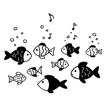 A group of fish in various shapes and sizes swimming together underwater. Each fish is depicted with distinct patterns and details, showcasing their unique features. Surrounding them are musical notes emerging from bubbles, rising towards the surface. The bubbles vary in size and shape, adding depth to the underwater scene. The overall composition captures the whimsical nature of the choir of fish as they create melodies in their aquatic environment.