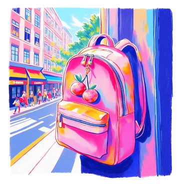 A cute charm shaped like a lychee is hanging from the zipper of a backpack. The backpack is made of durable fabric, featuring multiple pockets and straps. In the background, a bustling city scene unfolds with tall buildings, busy streets, and people walking by. Colorful storefronts line the street, and green trees provide a contrast to the urban landscape. The charm has a glossy finish, capturing light and drawing attention amidst the lively atmosphere.