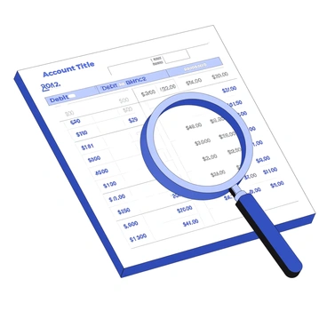 A magnifying glass focusing on details of a trial balance sheet