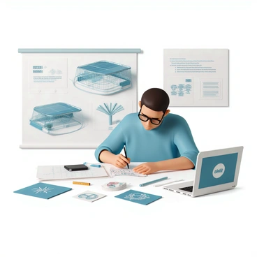 An architect, wearing a blue shirt and black glasses, is seated at a large drafting table. He is intently sketching plans on a sheet of white paper. Surrounding him are various tools like rulers, pencils, and a laptop displaying 3D models. The plans feature a futuristic ice rink design with innovative features such as a transparent roof, energy-efficient lighting, and a unique shape that resembles a snowflake. The architect's workspace is filled with blueprints and inspiration boards showcasing modern ice sports technology. The atmosphere is bright and creative, highlighting the architect's focus on his design.