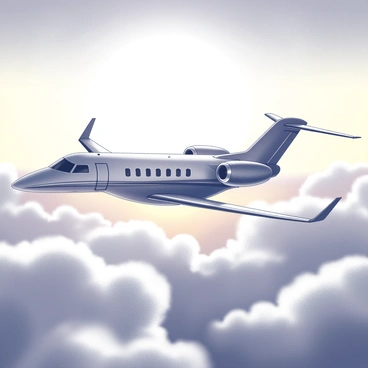 A private jet is flying high in the sky, its elegant design capturing the light of the setting sun. The aircraft is streamlined, with a pointed nose and swept-back wings, gliding smoothly above fluffy clouds. The clouds below are billowing and expansive, creating a contrast with the jet's sharp silhouette. The sky is filled with a gradient of shades transitioning from warm to cool, enhancing the overall atmosphere of the scene.