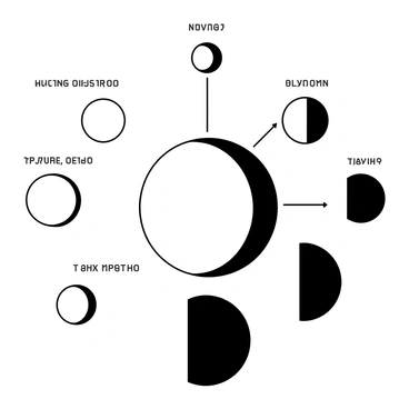 A circular arrangement features the moon's phases transitioning from "new moon" at the top to "full moon" at the bottom. The "waxing crescent" phase sits to the right of the new moon, followed by the "first quarter" moon, and then the "waxing gibbous" phase. The "full moon" is in the center of the bottom half, with the "waning gibbous" to its left, "last quarter" next, and finally the "waning crescent" phase completing the circle. Each phase is depicted in distinct segments, showcasing the gradual changes in the moon's shape and illumination.