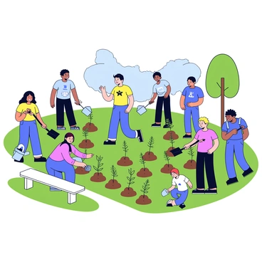 A group of volunteers from various faiths is gathered in a community park. They are planting young trees in rows, each person engaged in the task with focused expressions. The volunteers are wearing colorful t-shirts representing different cultural backgrounds. Some are holding shovels, while others are placing saplings into the freshly dug holes. Nearby, a couple of volunteers are watering the newly planted trees with watering cans. The park has green grass and a few scattered benches, creating a welcoming atmosphere. In the background, there are a few tall trees and a clear blue sky.