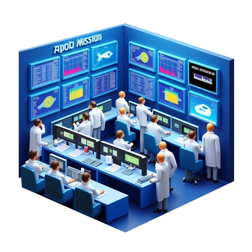 A busy control room filled with scientists and engineers monitoring Apollo mission data. Multiple screens display various data and graphs related to the mission. The scientists are wearing white lab coats and are focused on their tasks, taking notes and discussing data. Some engineers are seated at desks with computers, while others are standing, pointing at the screens. The room is illuminated by bright overhead lights, and there are various technical equipment and communication devices visible. In one corner, a large display shows "Apollo Mission" in bold letters.