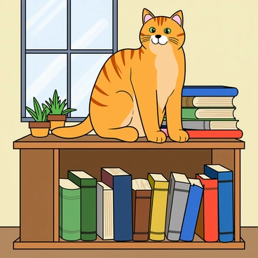 A cute tabby cat with orange stripes is perched on a wooden bookshelf. The cat sits comfortably among a collection of dusty books, their colorful spines visible. The bookshelf is set against a light-colored wall, and there are a few small potted plants on the shelf, adding a touch of greenery. The tabby cat's green eyes are alert, and its tail curls around a stack of books beside it. Sunlight streams in from a nearby window, casting soft shadows on the shelf.