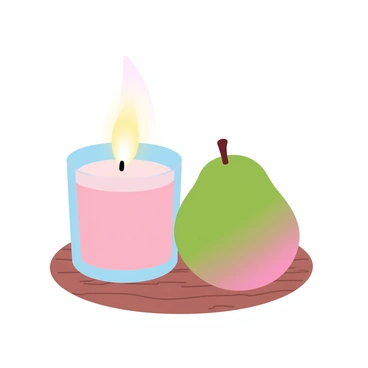 A guava-scented candle is burning softly, emanating a warm glow. The candle is housed in a clear glass container, allowing the flickering flame to be visible. Beside the candle, there is a fresh guava fruit, its skin a mix of green and pink hues. The fruit rests on a textured wooden surface, highlighting its vibrant colors against the natural backdrop. The gentle light from the candle casts subtle shadows around the scene.