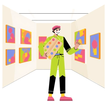 A joker stands in an art gallery, wearing a bright red and green beret. He holds a wooden artist's palette filled with various colors of paint. Around him, there are several vibrant paintings on the walls, featuring bold colors and playful designs. The joker has a curious expression as he admires the artwork, with his multicolored costume adding to the lively atmosphere of the gallery.