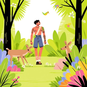 Sukuna, a character with a fierce expression and ornate tattoos, walks through a vibrant and lush forest. The greenery surrounds him, with tall trees, ferns, and colorful flowers creating a rich tapestry of nature. He pauses to observe a small group of deer grazing nearby, their soft brown coats contrasting with the vivid greens of the foliage. Birds with bright feathers flit through the branches above, adding splashes of color to the scene. Sunlight filters through the leaves, casting dappled shadows on the forest floor as Sukuna continues his walk, taking in the sights and sounds of the lively wilderness.