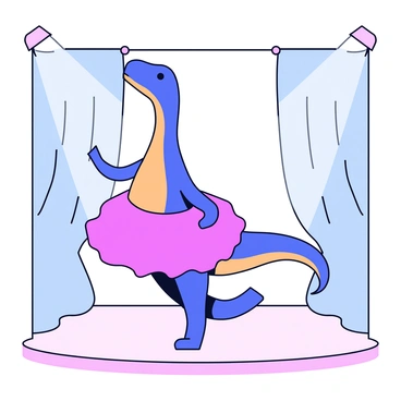 A dinosaur with a long neck and a slender body is wearing a bright pink tutu that flares out around its waist. The dinosaur stands on its hind legs, performing a ballet pose with one foot raised delicately behind it. The stage is simple, with a smooth wooden floor and a curtain in the background that is partially drawn. Soft spotlight beams illuminate the dinosaur, highlighting the elegant shape of its body and the frills of the tutu.