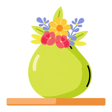 A decorative pot shaped like a fig sits on a wooden table. The pot has a smooth, rounded surface with a rich, earthy texture and a vibrant green color. It is filled with an assortment of colorful flowers, including bright red poppies, sunny yellow sunflowers, and delicate blue daisies. The flowers are blooming with vibrant petals, creating a lively contrast against the green pot. Soft green leaves peek through the arrangement, adding depth and freshness to the scene.