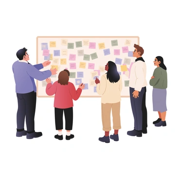 A digital flat illustration depicting a group of four entrepreneurs engaged in a brainstorming session. There are two men and two women in the scene. The man on the left has light skin, short black hair, and is wearing a blue shirt and dark jeans. He is reaching out to throw a yellow sticky note at the wall. The woman next to him has medium skin, curly brown hair, and is wearing a red sweater and black pants. She is holding a handful of multi-colored sticky notes, preparing to throw them. The man on the right has medium skin and short brown hair, dressed in a white shirt and khaki pants, and he is observing the wall with a focused expression. The woman on the far right has dark skin and long straight hair, wearing a green blouse and gray skirt, and she is stepping back to see the arrangement of the notes. The wall is filled with various sticky notes in bright colors, creating a vibrant collage of ideas.