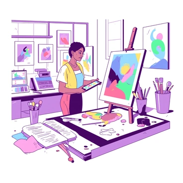 An artist is standing in a bright, spacious studio surrounded by various art supplies and tools. She is focused on a large canvas where she is applying vibrant paints. In her right hand, she holds a digital tablet displaying a colorful abstract design. On a nearby table, there are scattered paintbrushes, tubes of paint, and a sketchbook filled with pencil drawings. The walls of the studio are adorned with different completed artworks, showcasing a blend of traditional and digital techniques.