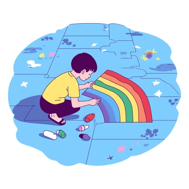 A blue sidewalk is covered in vibrant chalk drawings of flowers, stars, and various abstract shapes. In the center, a young child with a yellow shirt is kneeling, focused on creating a large rainbow in bright colors. The child has short brown hair and is using both hands to color in the arcs of the rainbow. Surrounding the child, there are scattered pieces of chalk in colors of red, orange, yellow, green, blue, and purple. The sunlight casts soft shadows of the child and the drawings on the sidewalk.