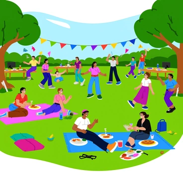 A vibrant community gathering in a sunlit park filled with people from various national backgrounds. Groups of individuals engage in lively conversations, sharing foods and traditions. Brightly colored banners representing different cultures hang between trees, fluttering gently in the breeze. Children play nearby, flying kites and enjoying games on the grass. Some adults are dancing to lively music, while others sit at picnic tables covered with dishes representing diverse cuisines. In the background, trees provide shade, and a picnic blanket is spread out with a variety of snacks and drinks.