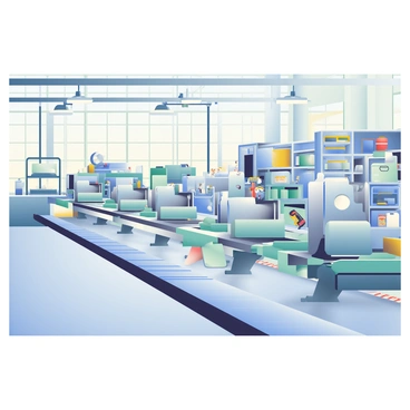 An expansive industrial factory floor is depicted, showcasing an array of large, silent machines lined up in neat rows. The machines have metallic surfaces that reflect the overhead fluorescent lights. There are conveyor belts stretching across the floor, empty and motionless. Various tools and equipment are organized in designated areas, while storage shelves in the background hold spare parts. The concrete flooring is polished and shows signs of use. Large windows line one side of the factory, allowing soft natural light to filter in, illuminating the otherwise still environment.
