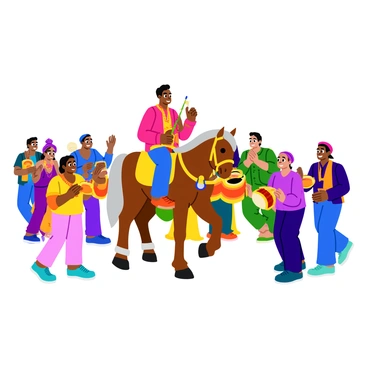 A lively baraat procession featuring a groom riding a decorated horse. The horse is adorned with colorful embellishments and elaborate fabrics. Surrounding the horse, a group of drummers energetically performs, wearing traditional attire. The scene is filled with vibrant colors, and the atmosphere is festive as guests celebrate, some dancing and others clapping to the rhythm of the music. The setting is lively and animated, capturing the joy of the occasion.