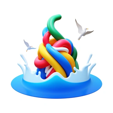 A sculpture made entirely of plastic waste in various colors and shapes is emerging from ocean waves. The waves are crashing around the base of the sculpture, creating splashes of water. Sunlight reflects off the plastic, highlighting its textures and colors. The sculpture features twisted and intertwined pieces of plastic, resembling marine life forms. A few seagulls are flying nearby, adding to the coastal atmosphere.