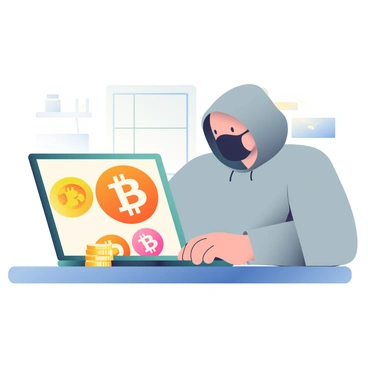 An anonymous person wearing a gray hoodie and a black mask is sitting at a desk in front of a laptop. The laptop screen displays multiple Bitcoin logos in bright yellow and orange colors. The person has their hands on the keyboard, and there is a dimly lit room in the background, with shadows enhancing the mystery of the scene. A small stack of Bitcoin coins is placed to the side of the laptop on the desk, and the overall atmosphere suggests a focus on cryptocurrency activities.