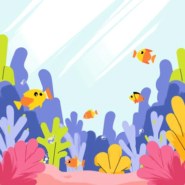 A vibrant underwater scene filled with an array of colorful coral formations in various shapes and sizes. Brightly colored tropical fish, including yellow clownfish, blue tangs, and orange butterflyfish, swim gracefully among the coral. Sunlight filters down from the surface, creating soft rays that illuminate the underwater landscape. Small bubbles rise from the fish as they move, adding to the lively atmosphere of this underwater world.