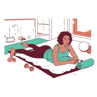 A person is lying on a soft, plush rug while performing bicycle crunches in a cozy living room. The individual is wearing comfortable athletic wear and has a focused expression on their face. In the background, there are various pieces of exercise equipment scattered around, including a teal yoga mat, a white stability ball, and a pair of orange dumbbells. Natural light is coming through a nearby window, creating a warm and inviting atmosphere in the room.