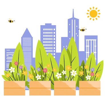 A city rooftop garden filled with lush green plants and colorful flowers. The garden features several wooden planter boxes overflowing with vibrant blooms. Bees can be seen actively buzzing around, collecting nectar from the flowers. In the background, tall urban skyscrapers rise against a clear blue sky, creating a contrast between nature and the city. A bright sun casts cheerful light over the scene, highlighting the greenery and the activity of the bees.