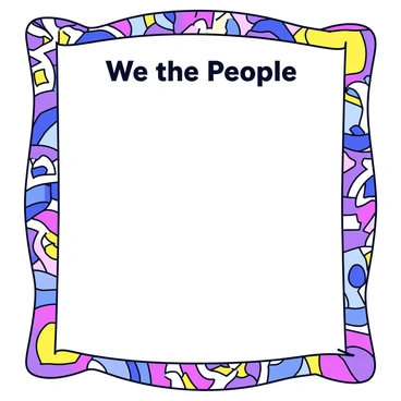 An illustrated version of the "Preamble" with bold, vibrant colors. The text "We the People" appears prominently at the top in large, decorative letters. Surrounding the text are various cultural motifs representing diversity, such as stylized patterns and symbols from different cultures woven into a border. The background features a gradient of colors transitioning smoothly, enhancing the visual impact of the illustration.