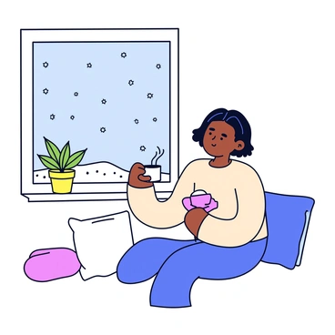 A woman is sitting by a window in a cozy winter scene. She is wearing a soft, knitted sweater in a light cream color. Underneath the sweater, a hint of a pastel bra is visible. Outside the window, snow is gently falling, covering the ground in a fluffy white layer. The interior is warm and inviting, with a few cushions around her and a steaming cup of tea in her hands. A small potted plant is placed on the windowsill, adding a touch of greenery to the scene.