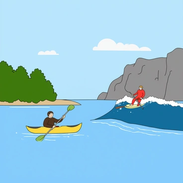A vibrant scene featuring a person in a bright yellow kayak paddling on a smooth, calm lake with a clear blue sky above. The water reflects the sunlight, creating sparkling highlights on the surface. Nearby, another person is surfing on a large ocean wave, wearing a red wetsuit. The ocean is a deep blue, with white foam cresting at the top of the wave. In the background, there are a few fluffy white clouds scattered across the sky. The two activities are set against a backdrop of green trees lining the shore of the lake and rocky cliffs rising behind the surfer.