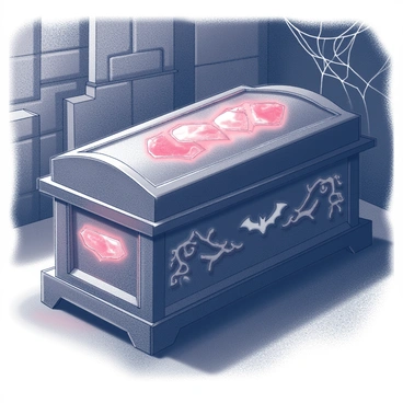 A vampire's coffin rests in a shadowy environment. The coffin is elaborately designed with intricate carvings depicting bats and vines. "Glowing red gems" are embedded in the lid, casting a faint light that highlights the dark wood grain of the coffin. The atmosphere around the coffin is thick with an aura of mystery, deep shadows enveloping its base. The background features cobwebs and old stone walls, adding to the eerie ambiance.