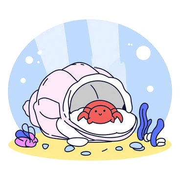 A tiny crab with a reddish-brown shell is seen nestled inside a large conch shell. The shell is textured with spirals and ridges, sitting firmly on the sandy ocean bed. Surrounding the conch shell, there are small pebbles and bits of seaweed gently swaying with the ocean currents. Small fish can be seen swimming nearby, adding a sense of life to the underwater scene. Sunlight filters down from above, creating soft beams that illuminate the crab's shelter.