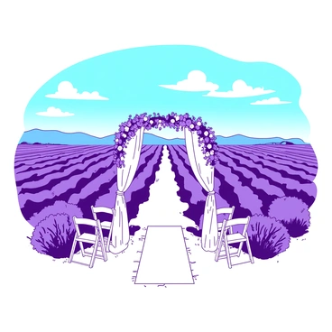 Endless fields of lavender stretch across the landscape, with rows of vibrant purple flowers swaying gently in the breeze. In the foreground, a white wedding arch adorned with delicate white flowers and greenery stands gracefully amid the lavender. Soft white drapes flutter at the sides of the arch, creating an elegant frame for the ceremony. A white aisle runner leads from the arch to the guests, who are seated on white chairs arranged neatly on either side. The bright blue sky above is dotted with fluffy white clouds, adding to the picturesque setting. In the distance, a hint of green hills can be seen, completing the charming scene.