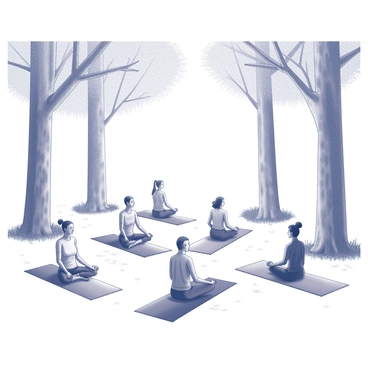 A group of individuals practicing yoga in a park setting. The participants are positioned on yoga mats, each in various poses, showcasing flexibility and concentration. Surrounding them are tall trees with detailed bark textures and lush foliage. The ground is covered with grass, which adds to the natural ambiance. Some people are meditating with eyes closed, while others are engaged in dynamic movements. The scene conveys a sense of focus and tranquility, with ample open space around the group.
