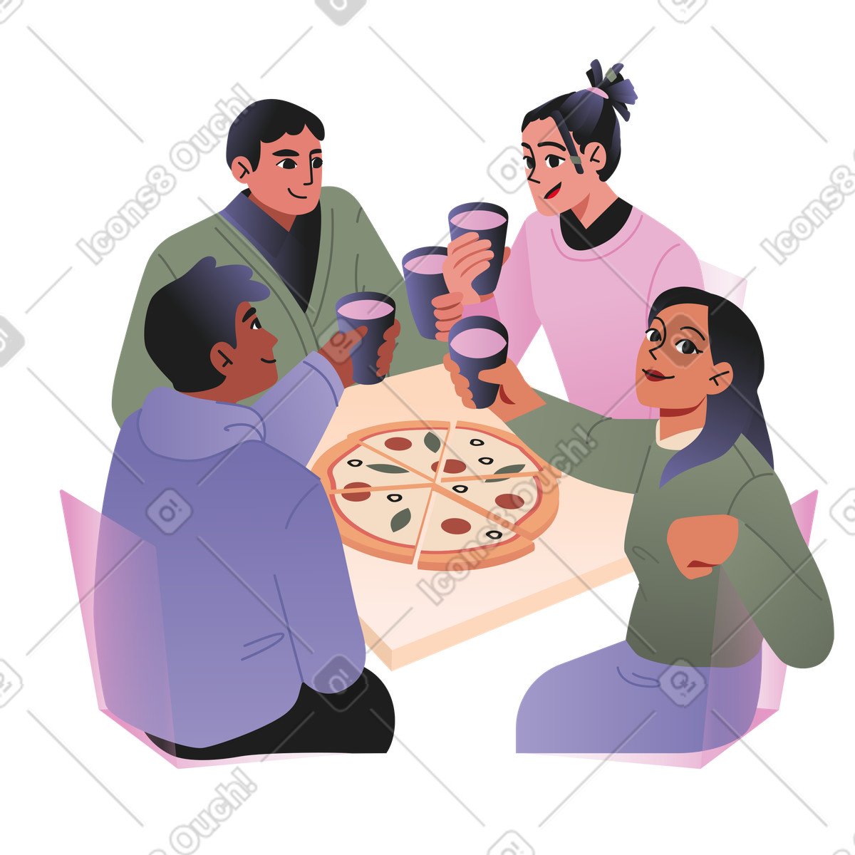 Family time pizza for dinner illustration clipart image in PNG SVG GIF