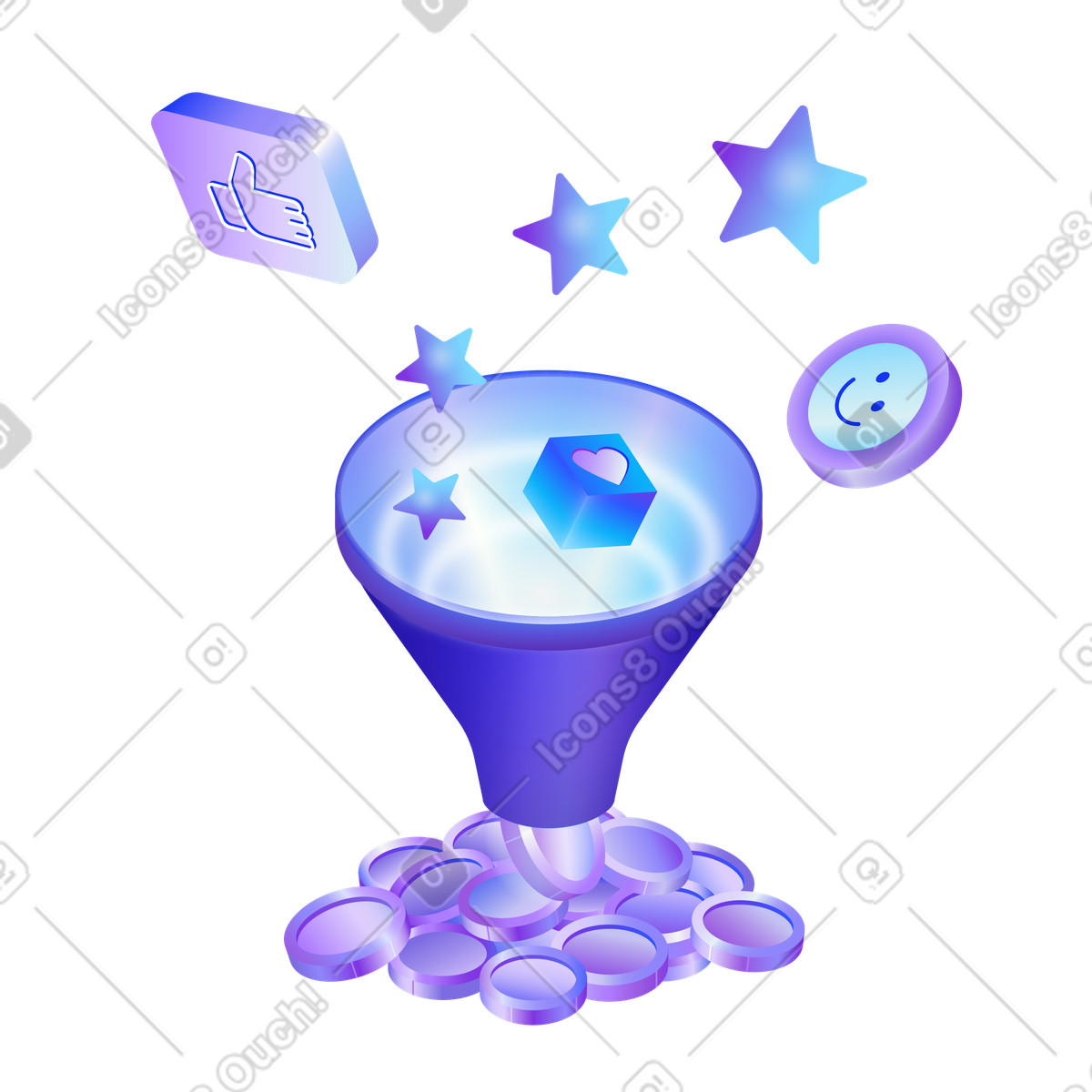 Ilustración Sales funnel with social media icons and coins, conversion en estilo Hi-tech a descargar en PNG y SVG