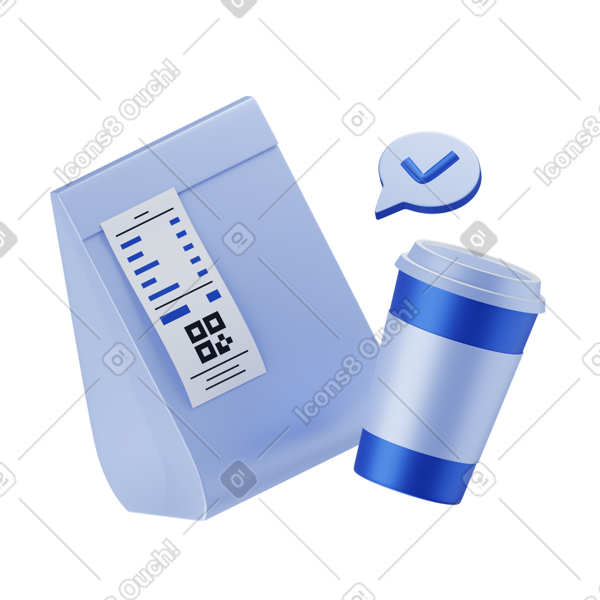 Food order complete with coffee cup and lunch bag animated illustration in 3D Techny style download in GIF, Lottie (JSON), AE