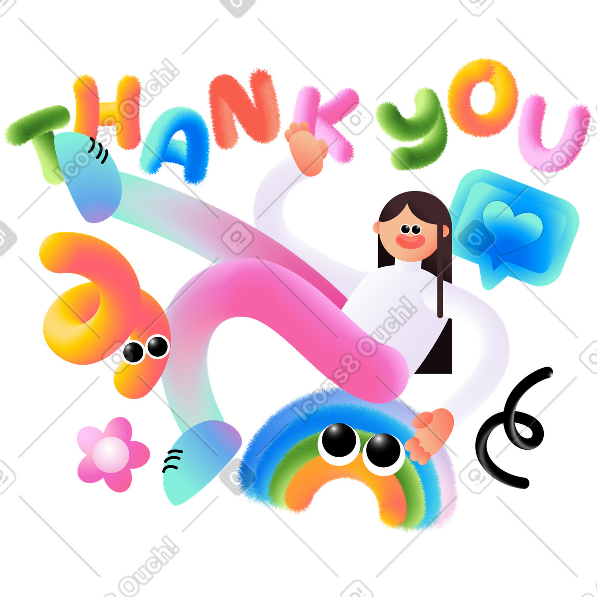 Lettering Thank You with a woman holding her hand above head text illustration in Puffy style download in PNG, SVG